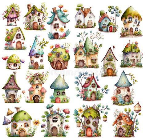 Fantasy Set Of Cute Cartoon Fairy Houses Watercolor Elven Houses