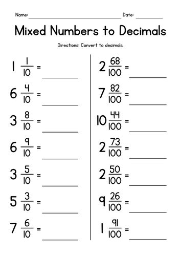 Tenths Mixed Numbers To Decimals Worksheet