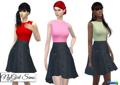 Button Down Denim Flare Dress At Nygirl Sims Sims 4 Updates