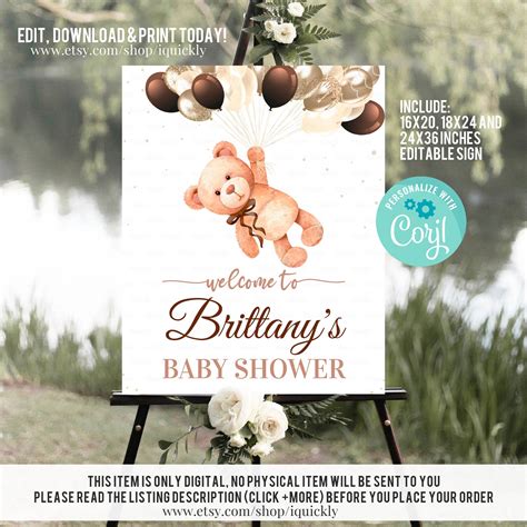 Editable Teddy Bear Baby Shower Welcome Sign Printable Baby Shower
