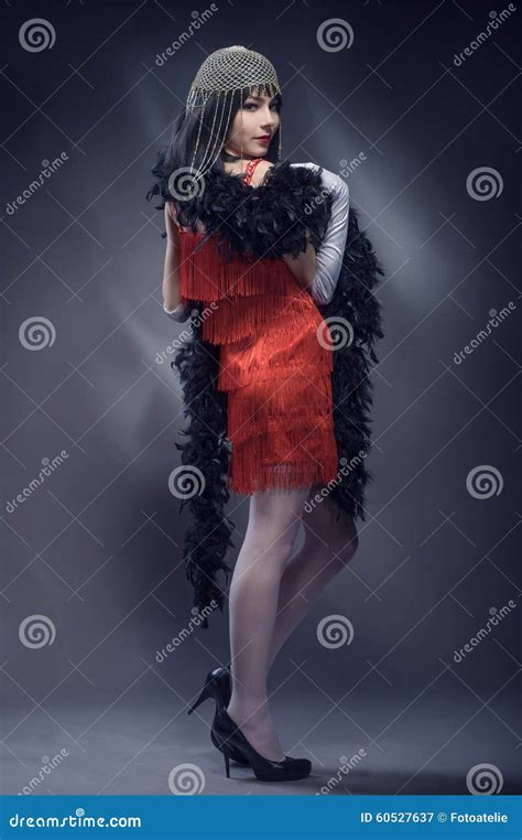 elegant woman in the red dress and feather boa stock image image of twenties adult 60527637