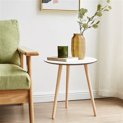 Simple Style Modern Round Coffee End Table W Pine Wood Legs White