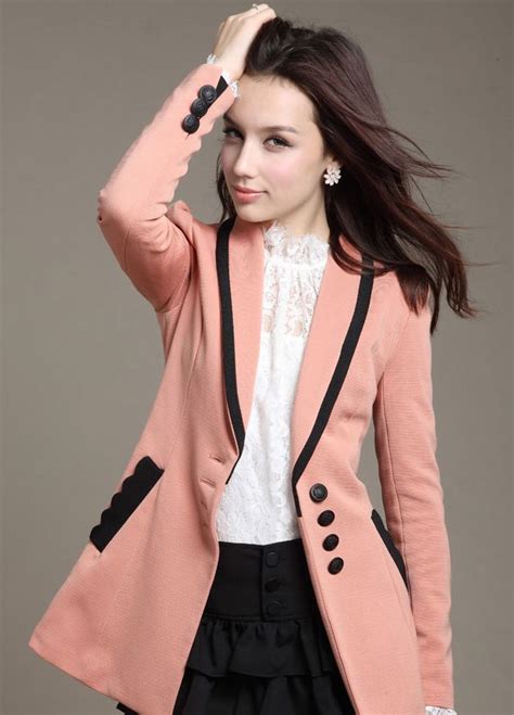 Pink Long Sleeve Contrast Trims Slim Blazer Us Sleek Fashion