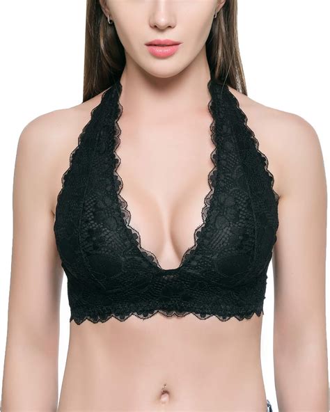 Floral Lace Halter Bras For Women Wirefree Unpadded Halter Bralette Breathable Sexy Deep V Lace