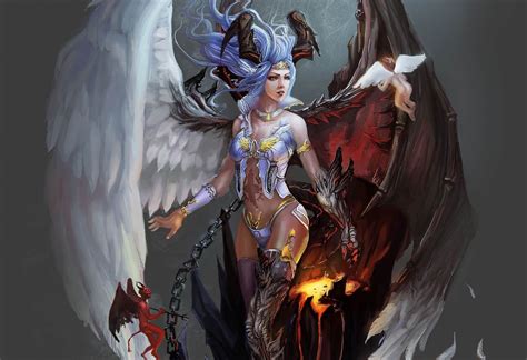 Angel The Demon Chain Girl Art Wings Horns Hd Wallpaper