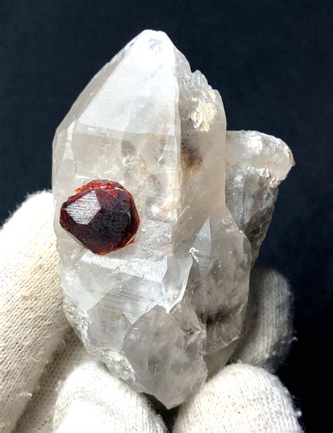 Red Garnet Crystal On Clear Quartz Specimen 71 Gram Etsy