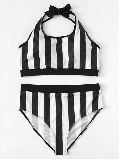 Plus Striped Halter Top With High Waisted Bikini Set Halter Bikini Set Striped Halter Top