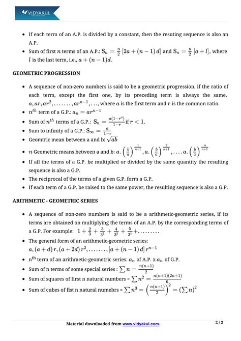 Class 11th Math Sequences And Series Formulas Cbse 2023