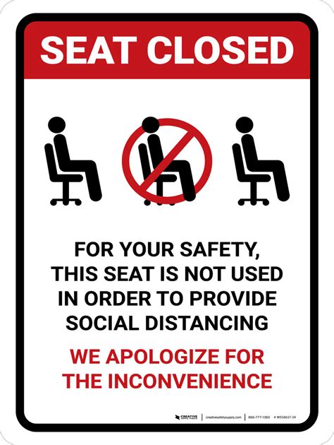 Seat Closed For Social Distancing With Icon Portrait Wall Sign