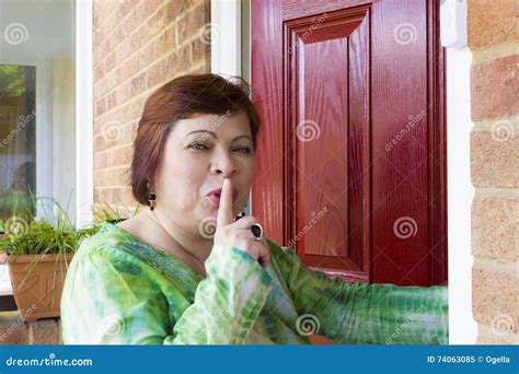 Woman Spying Near Door Of Neighbour Stock Image Image Of Snoop