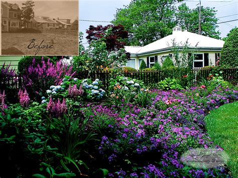 Celebrated for their profusion of color and abundant planting, cottage gardens generally enjoy a simple layout with a central narrow path of brick, stone or gravel separating rectangular beds on each side. NJ Cottage Garden Design | This front yard cottage style ...