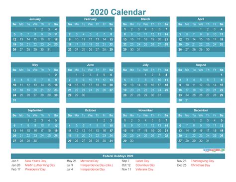 Free 2020 12 Month Calendar Printable Pdf Excel Image Free