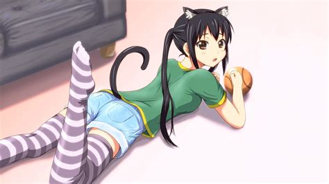 Brunette Long Hair Eyes Cat Girl Lying On Front Anime Anime Girls