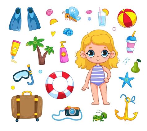 Premium Vector Little Cute Blonde Girl In A Striped Swimsuit Set Of Elements Of Summer