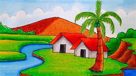 How To Draw Village Scenery Village House Drawing Riverside Village