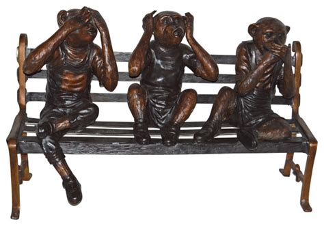 Three Wise Monkeys On Bench Large Bronze Statue Bronze Size 52 X 32
