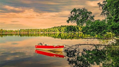 Boat On Lake Water Sunset Nature Clouds Reflection Sky Trees Hd