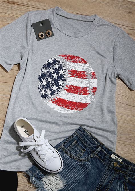 American Flag Baseball Printed O Neck T Shirt Bellelily