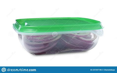 Fresh Onion Rings In Plastic Container Isolated On White Stock Photo