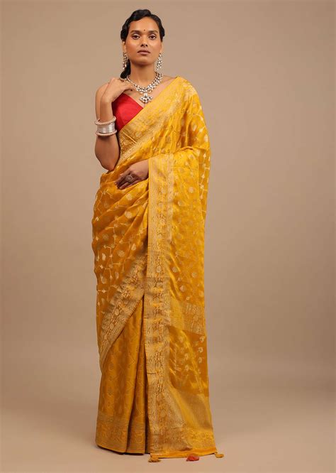 Buy Amber Yellow Satin Silk Saree Online