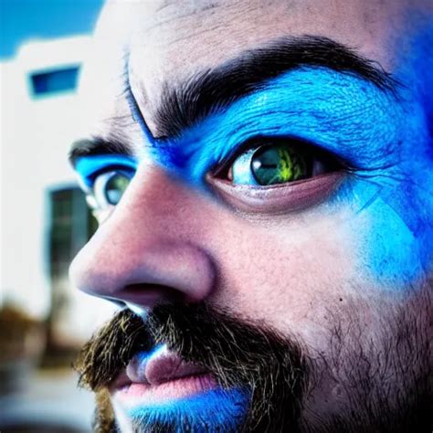 KREA Fish Eye Lens Close Up Photograph Of A Man With Blue Skin And A