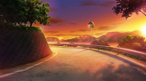 Download 1920x1080 Anime Landscape Sunset Scenery Road Trees Sky