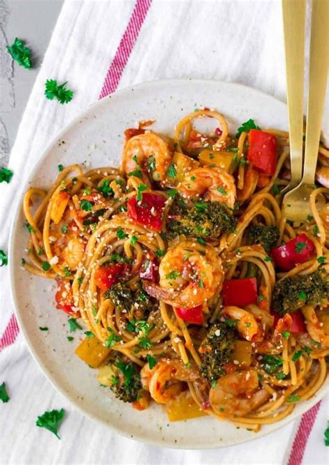 Spicy Shrimp Pasta Creamy Spaghetti Recipe Wellplated Com