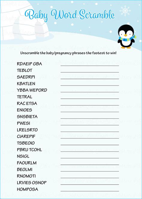 Otro gran clásico para baby shower muy divertido. Word Scramble Baby Shower Game - Winter Baby Shower Theme ...