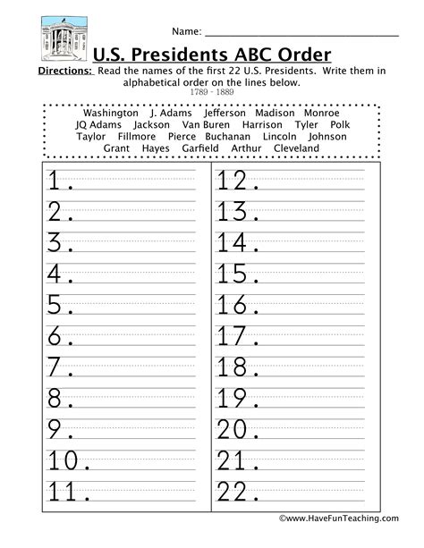 These are no prep printables that focus on alphabetical order to the first letter and to the second letter. First Half Presidents Alphabetical Order Worksheet | Have ...