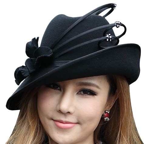 Junes Young Fashion Wool Hats For Women Winter Hat Fedoras Black