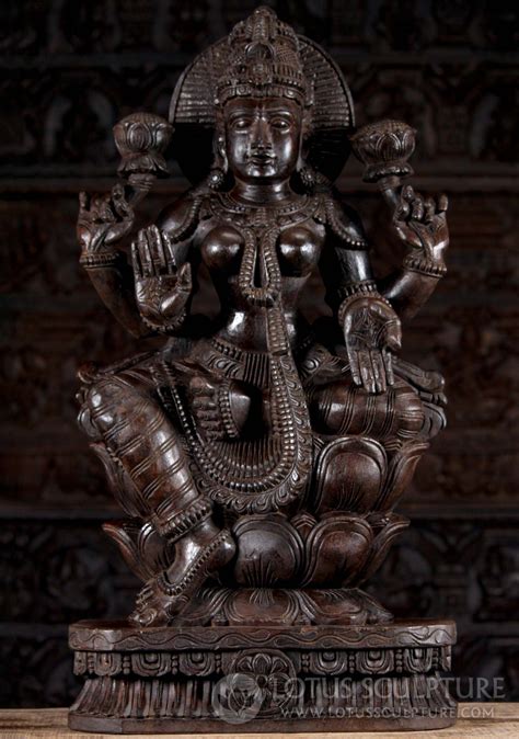 Dark Neem Wood Abhaya Mudra Hindu Goddess Lakshmi Sculpture On Lotus