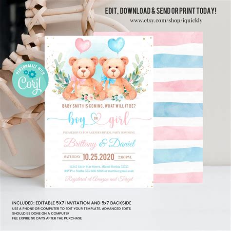 Editable Teddy Bear Baby Shower Invitation Bear Gender Reveal Etsy