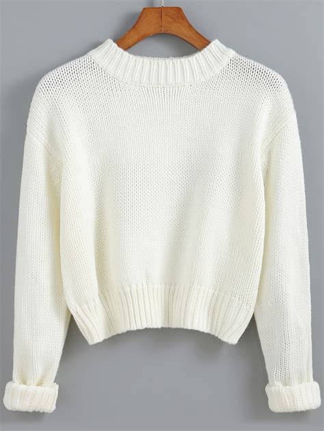 White Round Neck Crop Knit Sweater Sheinsheinside