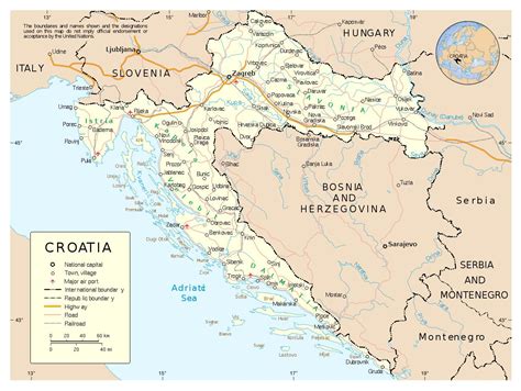 Gradova u Hrvatskoj - karta Hrvatske s gradovima (Južna Europa - Europa)
