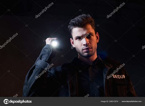 Guard Uniform Holding Flashlight Looking Camera Stock Photo By
