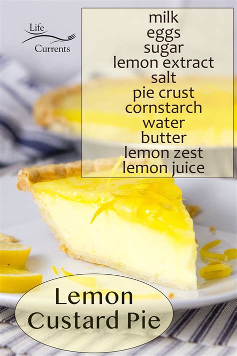 A Lemon Custard Pie On A White Plate With The Words Lemon Custard Next To It