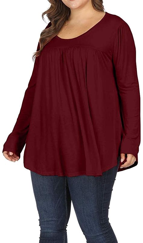 Allegrace Women Plus Size Casual Pleated Long Sleeve Blouse Top Round