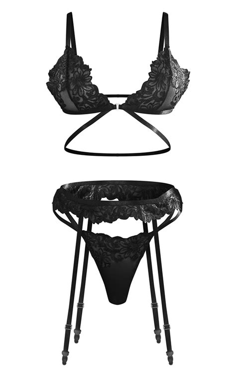 Black Embroidered Strapping 3 Piece Lingerie Set Prettylittlething Qa
