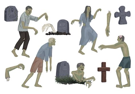 Zombies And Tombstones Set Walking Dead People Crawling Out Of Graves