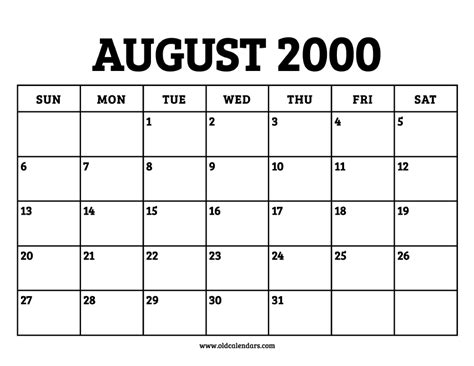 Calendar August 2000 Printable Old Calendars
