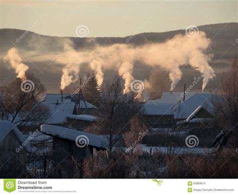 Rural Landscape With Smoking Chimneys Stock Photo Image Of Morning