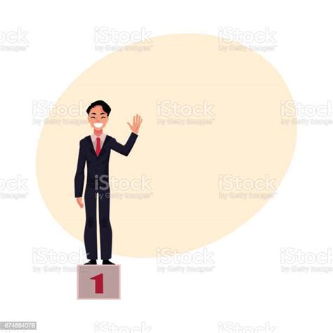 Happy Businessman Standing On Pedestal Number One Business Success