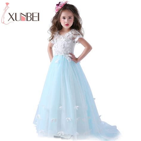 Real Photo Ball Gown Light Blue Flower Girl Dresses 2019 Lace Appliques