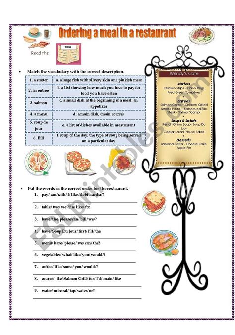 Ordering A Meal In A Restaurant Esl Worksheet By Venus78