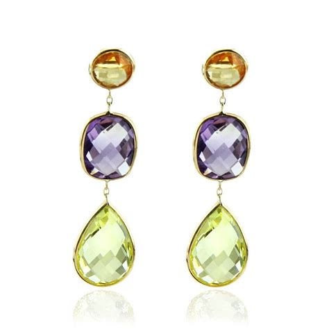 K Yellow Gold Gemstone Earrings With Amethyst Lemon Topaz And