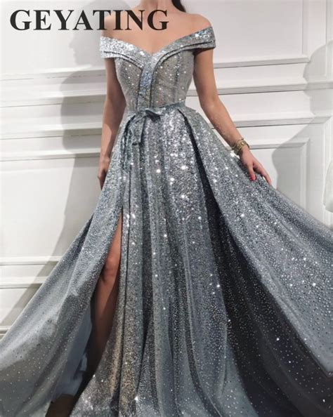 Elegant Off Shoulder Silver Grey Prom Dresses 2018 Vestido De Festa