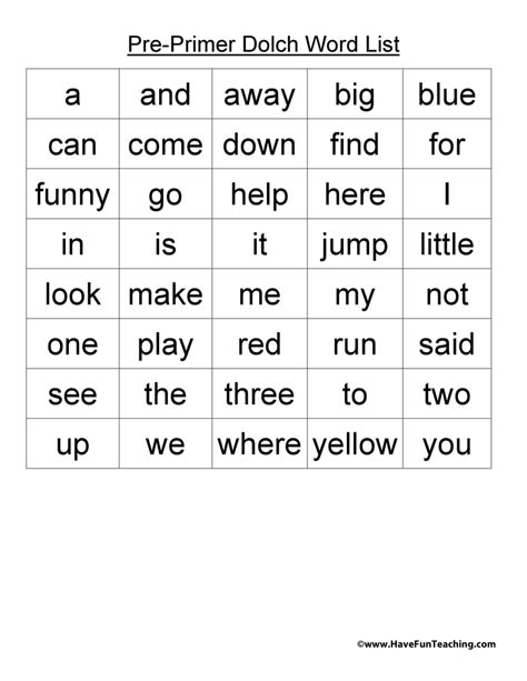Dolch Sight Word Lists