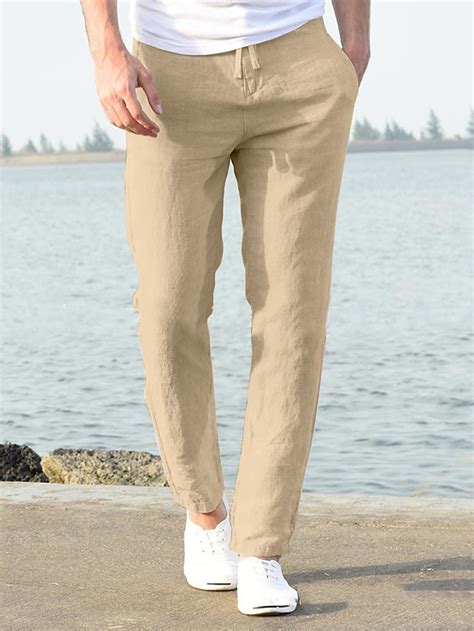 Mens Trousers Men Drawstring Straight Leg Elastic Waist Breathable