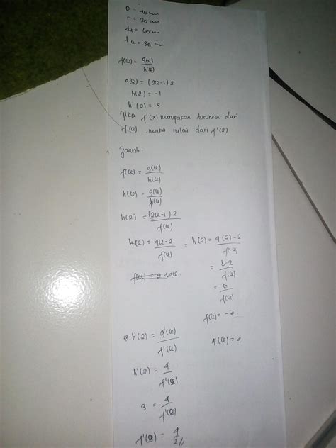 Rumus fungsi ((g h) f)(x) bentuk instrumen alokasi alat. Diketahui fungsi f(x)=g(x)/h(x) dengan g(x)=(2x-1)2, h(2)=-1, dan h'(2)=3. Jika f'(x) adalah ...