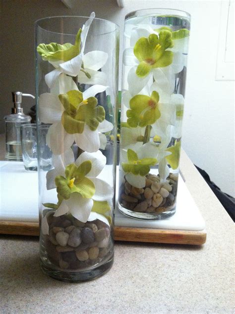 Orchid Center Pieces Tall Cylinder Vase River Rocks Artificial Orchid Stem And Water Glass
